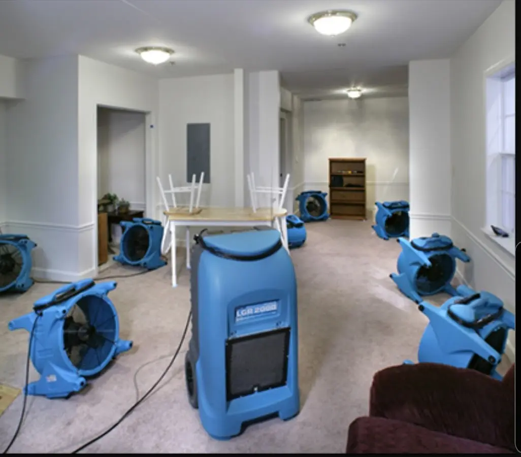 Air movers and dehumidifier setup for Water Damage Restoration in Bensalem